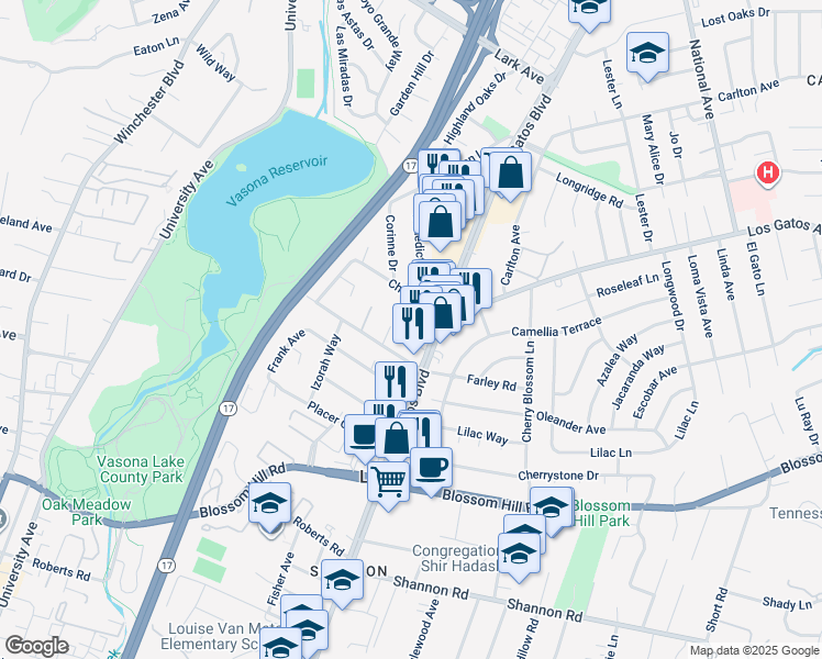 map of restaurants, bars, coffee shops, grocery stores, and more near 15729 Los Gatos Boulevard in Los Gatos