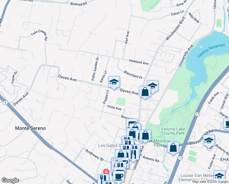 map of restaurants, bars, coffee shops, grocery stores, and more near 17770 Daves Avenue in Monte Sereno
