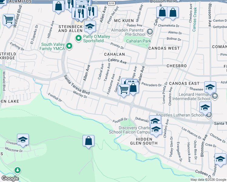 map of restaurants, bars, coffee shops, grocery stores, and more near 5966 Fishburne Avenue in San Jose