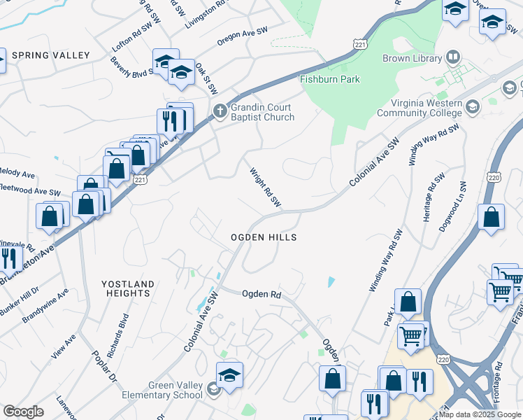 map of restaurants, bars, coffee shops, grocery stores, and more near 3538 Robyn Road Southwest in Roanoke