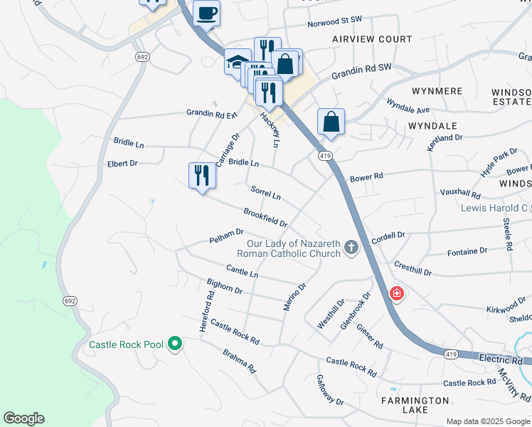 map of restaurants, bars, coffee shops, grocery stores, and more near 2214 Brookfield Drive in Cave Spring