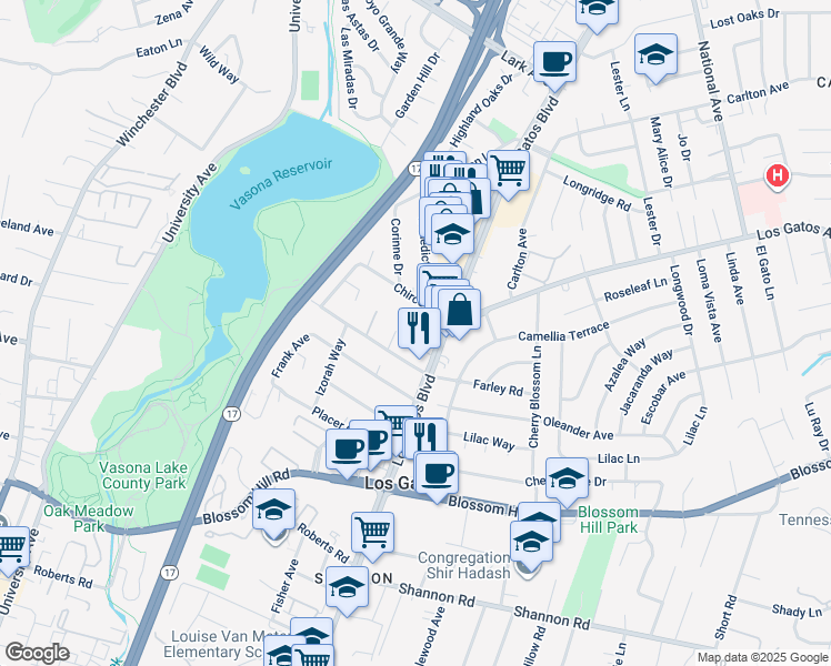 map of restaurants, bars, coffee shops, grocery stores, and more near 15729 Los Gatos Boulevard in Los Gatos