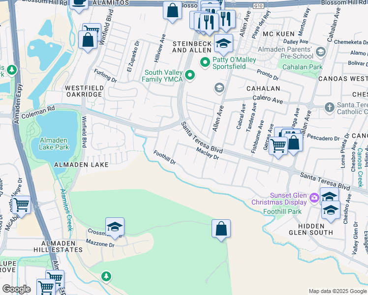 map of restaurants, bars, coffee shops, grocery stores, and more near 6001 Maclay Court in San Jose
