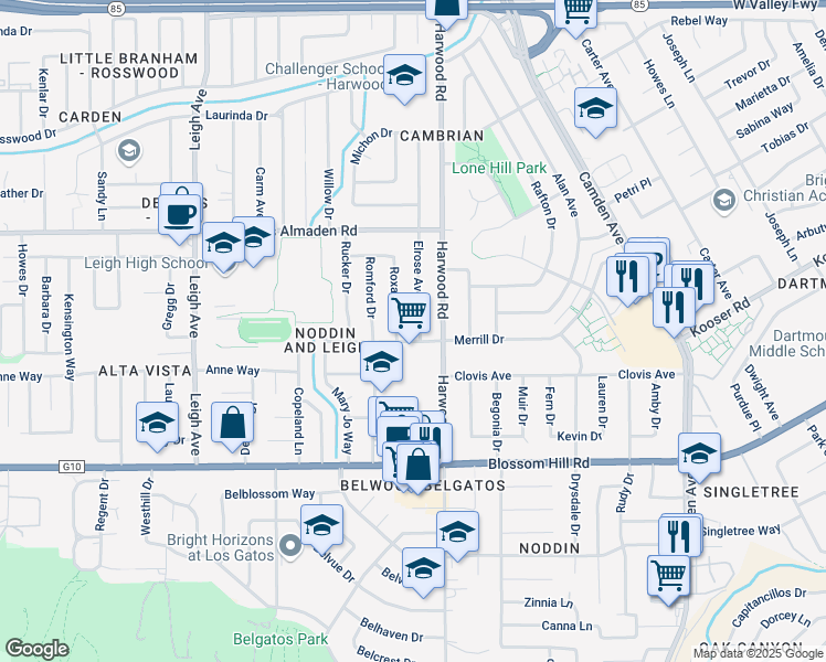 map of restaurants, bars, coffee shops, grocery stores, and more near 5385 Elrose Avenue in San Jose