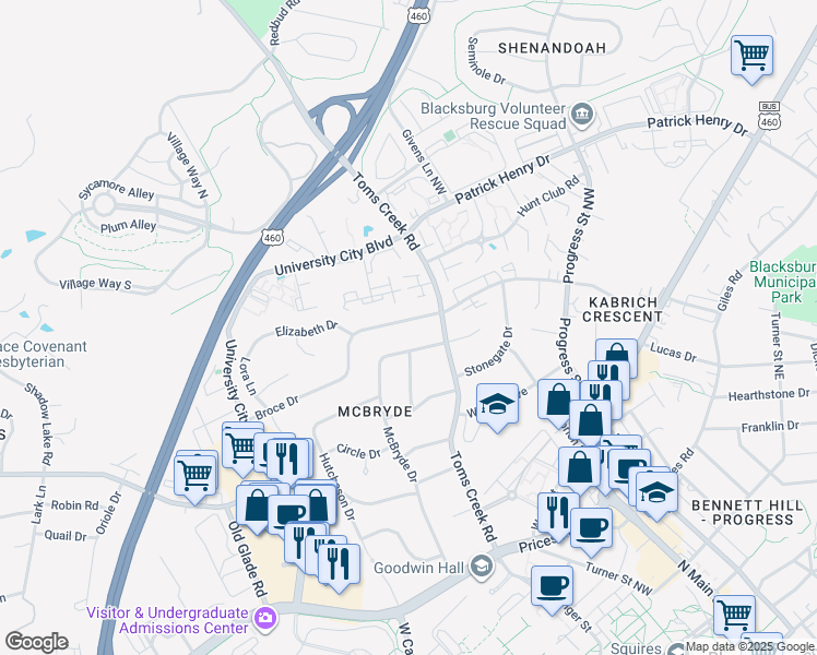 map of restaurants, bars, coffee shops, grocery stores, and more near 607 Broce Drive in Blacksburg