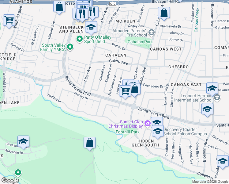 map of restaurants, bars, coffee shops, grocery stores, and more near 5966 Fishburne Avenue in San Jose