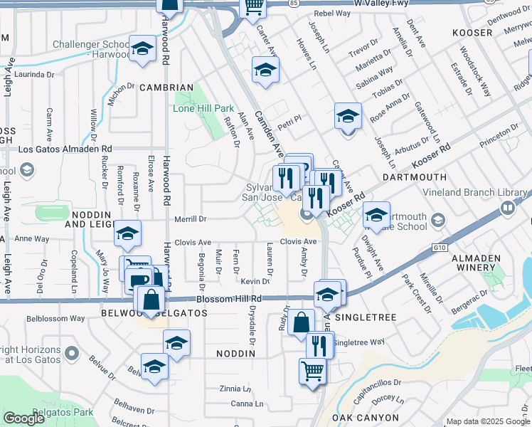 map of restaurants, bars, coffee shops, grocery stores, and more near 5401 Camden Avenue in San Jose