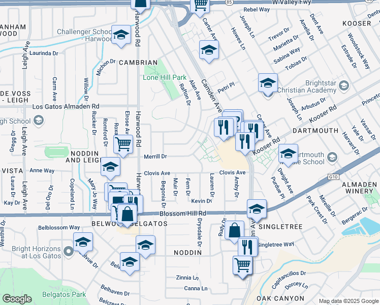 map of restaurants, bars, coffee shops, grocery stores, and more near 1670 Merrill Drive in San Jose