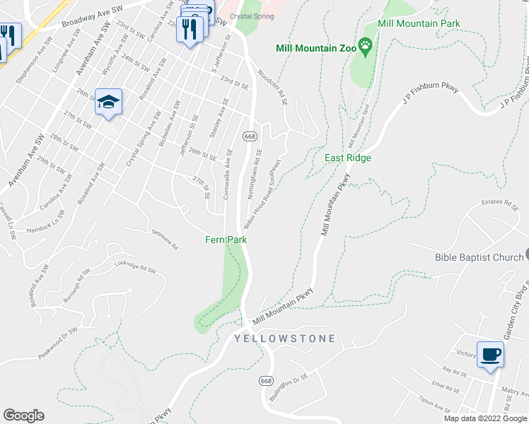 map of restaurants, bars, coffee shops, grocery stores, and more near 2644 Robin Hood Rd SE in Roanoke