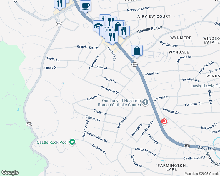 map of restaurants, bars, coffee shops, grocery stores, and more near 2214 Brookfield Drive in Cave Spring