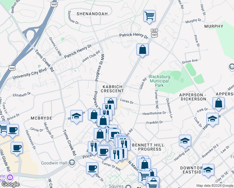 map of restaurants, bars, coffee shops, grocery stores, and more near in Blacksburg