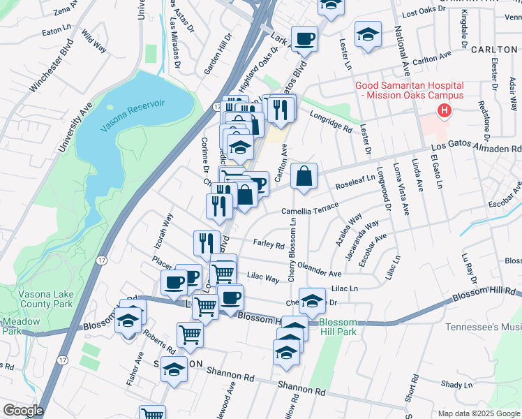 map of restaurants, bars, coffee shops, grocery stores, and more near 15670 Peach Blossom Lane in Los Gatos
