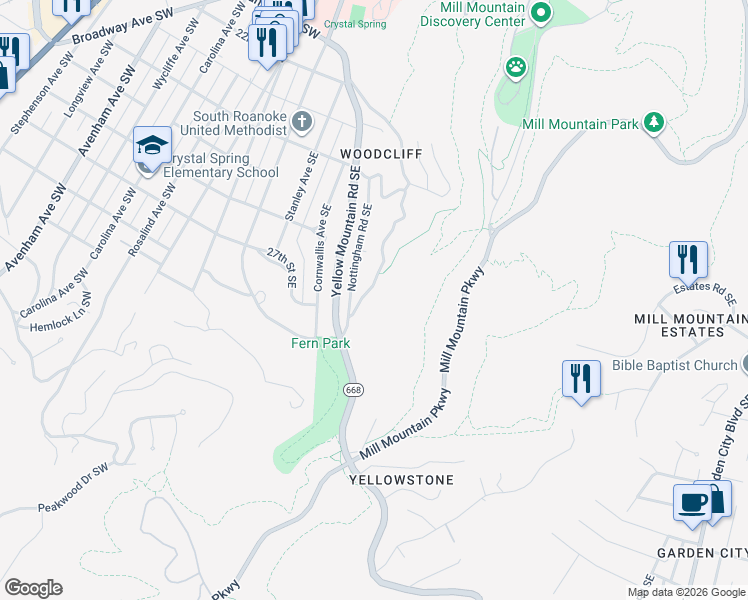 map of restaurants, bars, coffee shops, grocery stores, and more near 2644 Robin Hood Rd SE in Roanoke