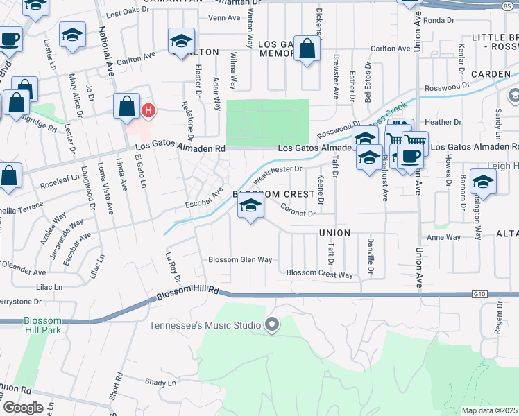 map of restaurants, bars, coffee shops, grocery stores, and more near 279 Blossom Valley Drive in Los Gatos