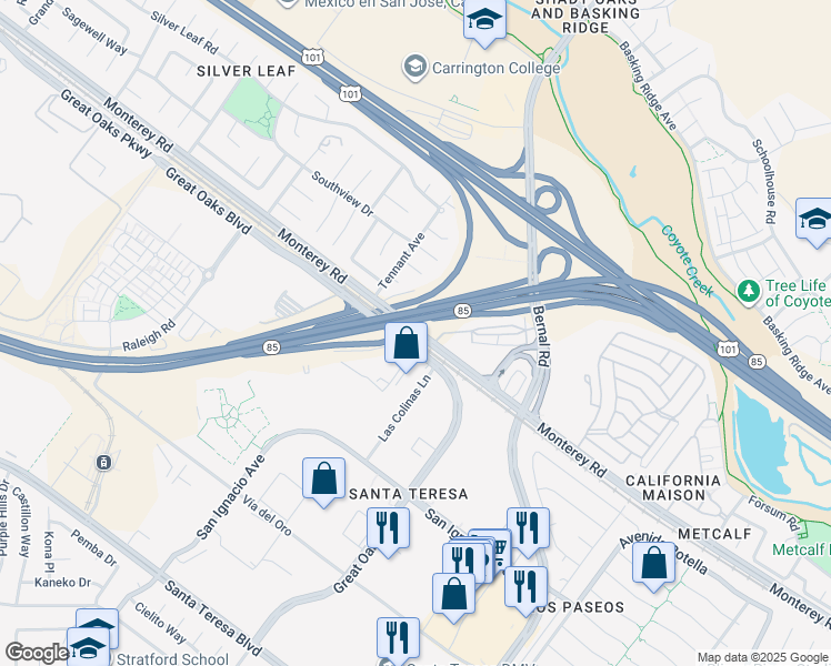 map of restaurants, bars, coffee shops, grocery stores, and more near 5917 Old Monterey Road in San Jose
