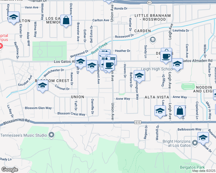 map of restaurants, bars, coffee shops, grocery stores, and more near 15041 Lynn Avenue in Los Gatos