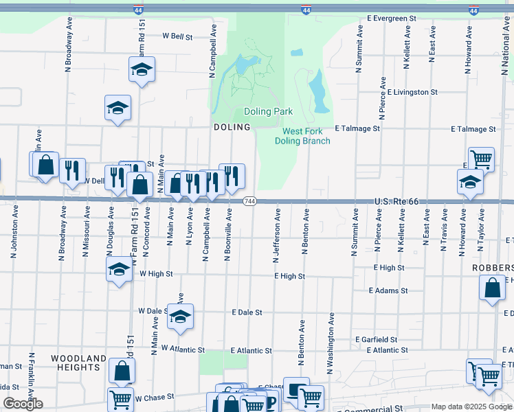 map of restaurants, bars, coffee shops, grocery stores, and more near 302 East Kearney Street in Springfield