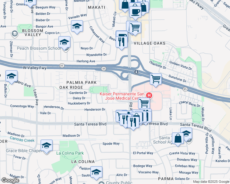 map of restaurants, bars, coffee shops, grocery stores, and more near 445 Ribbonwood Avenue in San Jose