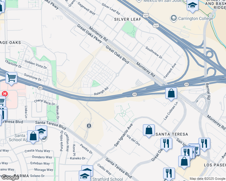 map of restaurants, bars, coffee shops, grocery stores, and more near 6677 Optimum Loop in San Jose