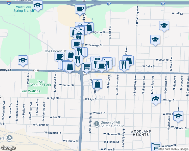 map of restaurants, bars, coffee shops, grocery stores, and more near 1440 W Kearney St in Springfield