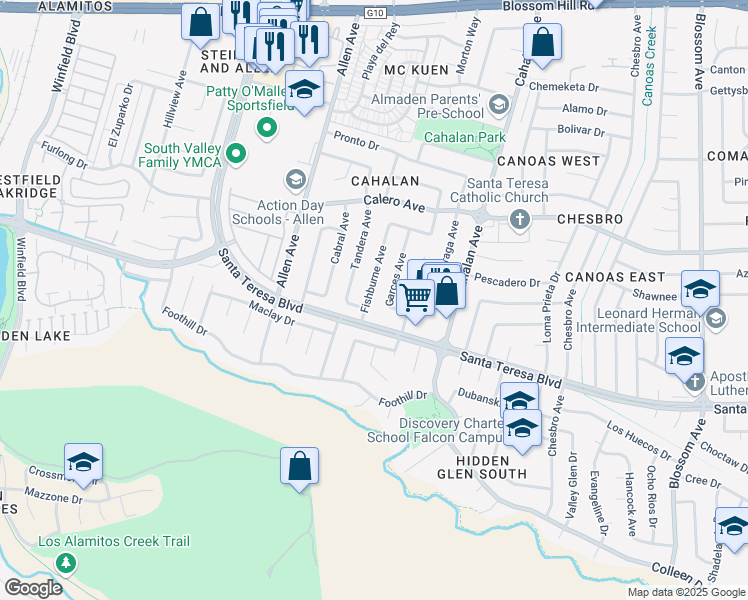 map of restaurants, bars, coffee shops, grocery stores, and more near 5966 Fishburne Avenue in San Jose