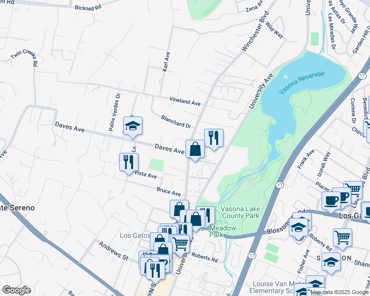 map of restaurants, bars, coffee shops, grocery stores, and more near 17541 Daves Avenue in Monte Sereno