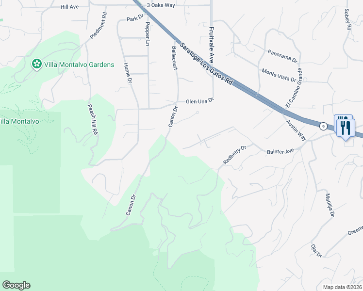 map of restaurants, bars, coffee shops, grocery stores, and more near 19660 Bainter Way in Los Gatos