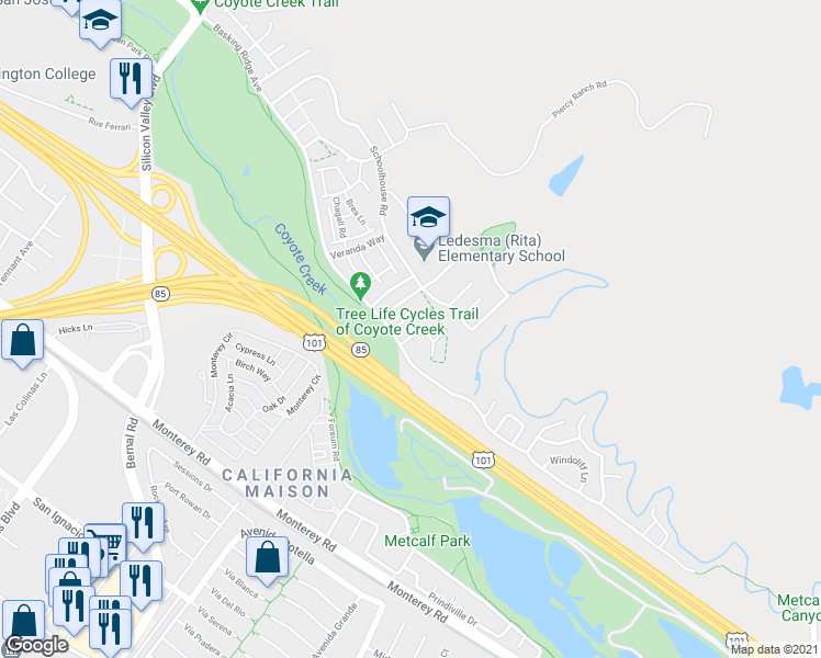 map of restaurants, bars, coffee shops, grocery stores, and more near 425 Danna Court in San Jose
