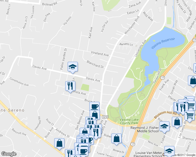 map of restaurants, bars, coffee shops, grocery stores, and more near 17583 Daves Avenue in Monte Sereno