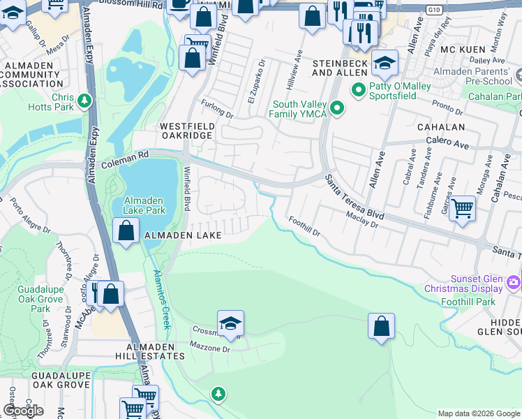 map of restaurants, bars, coffee shops, grocery stores, and more near 5972 Miracle Mountain Drive in San Jose