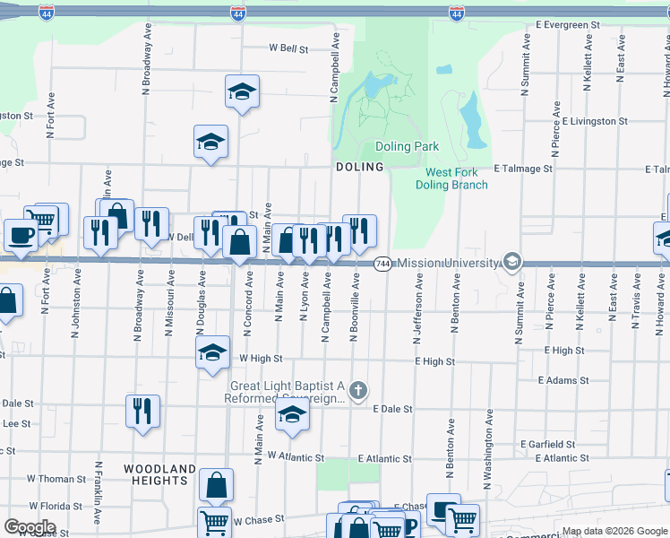 map of restaurants, bars, coffee shops, grocery stores, and more near 316 West Kearney Street in Springfield