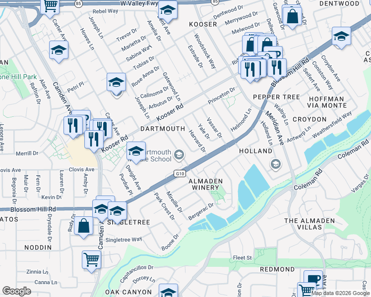 map of restaurants, bars, coffee shops, grocery stores, and more near 5581 Cornell Drive in San Jose