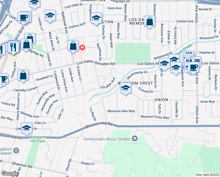 map of restaurants, bars, coffee shops, grocery stores, and more near 193 Escobar Avenue in Los Gatos
