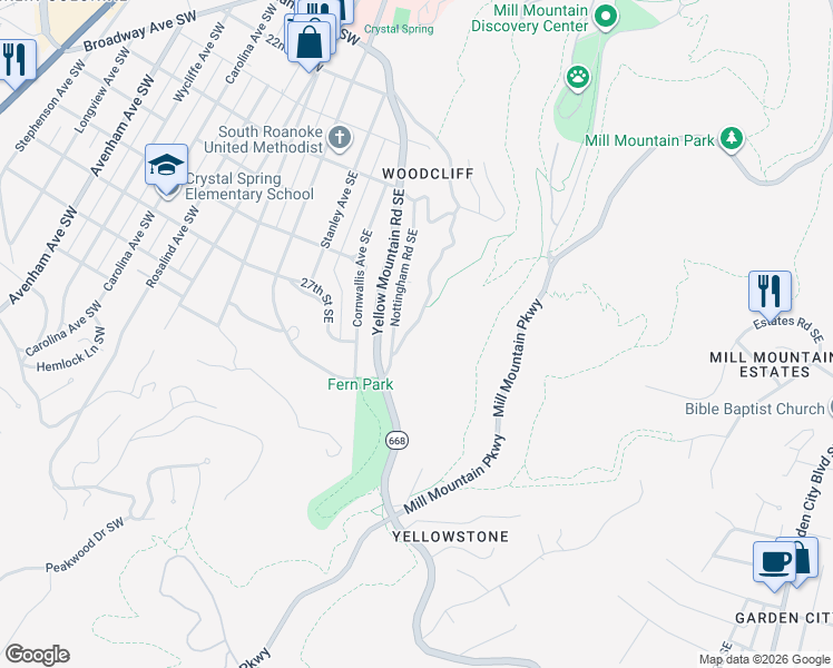 map of restaurants, bars, coffee shops, grocery stores, and more near 2644 Robin Hood Road Southeast in Roanoke