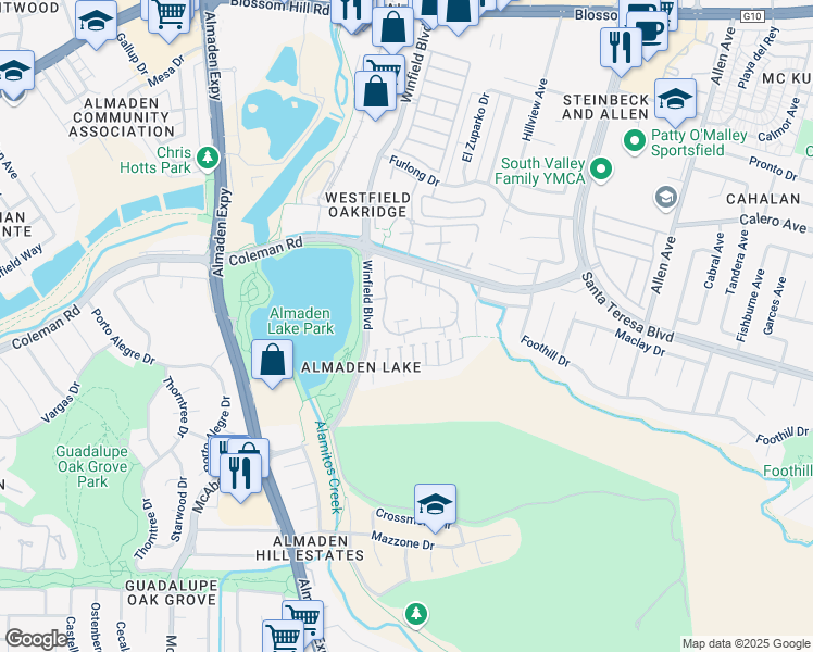 map of restaurants, bars, coffee shops, grocery stores, and more near 1313 La Terrace Circle in San Jose