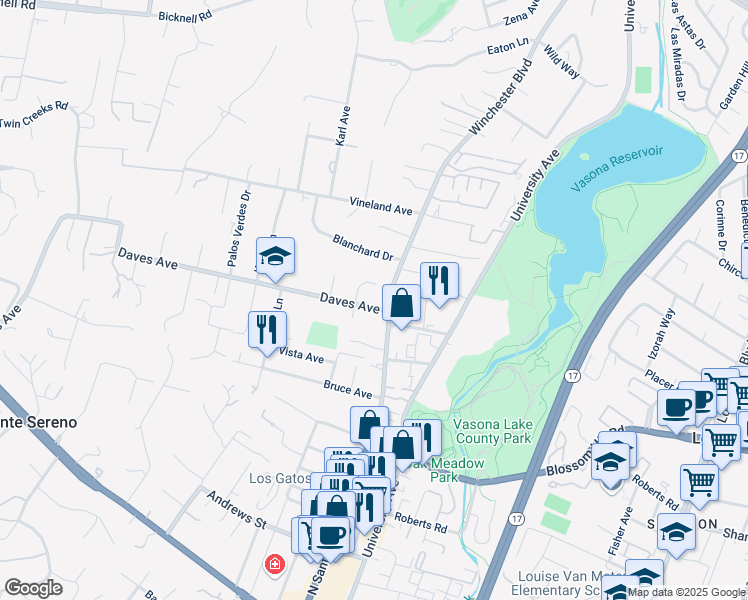 map of restaurants, bars, coffee shops, grocery stores, and more near 17583 Daves Avenue in Monte Sereno