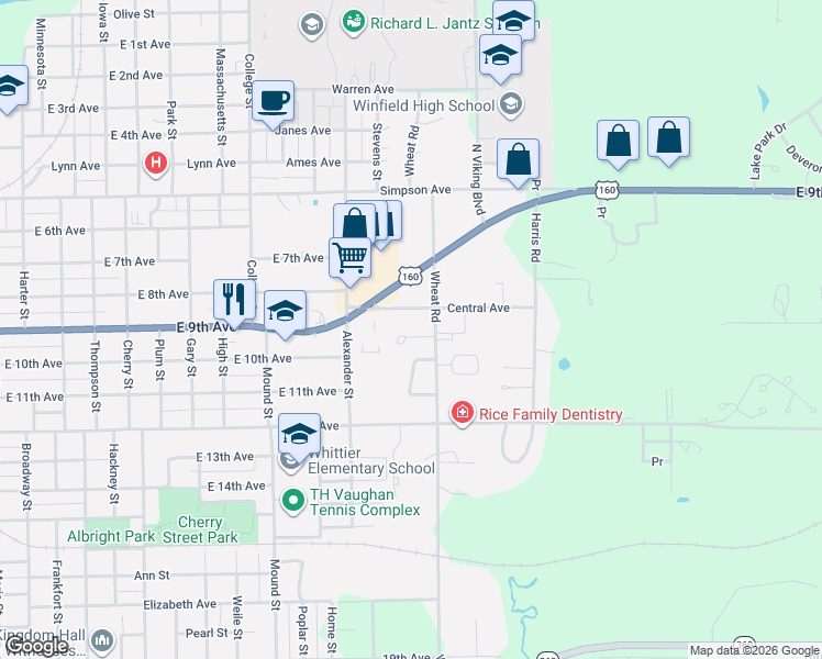 map of restaurants, bars, coffee shops, grocery stores, and more near 6 Roberts Court in Winfield