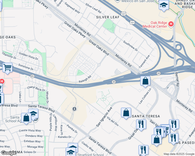 map of restaurants, bars, coffee shops, grocery stores, and more near 6694 Optimum Loop in San Jose
