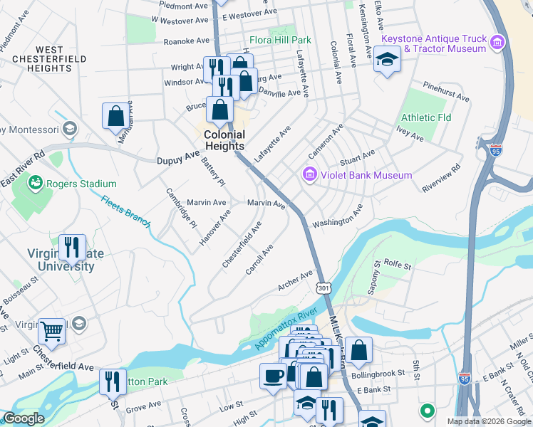map of restaurants, bars, coffee shops, grocery stores, and more near 172 Chesterfield Avenue in Colonial Heights