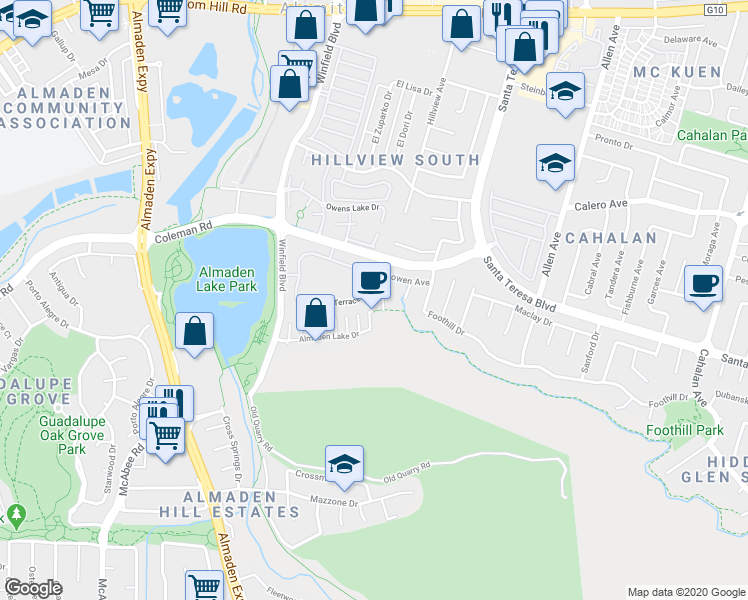 map of restaurants, bars, coffee shops, grocery stores, and more near 5972 Miracle Mountain Drive in San Jose