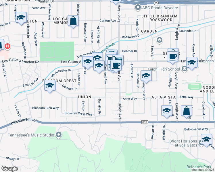 map of restaurants, bars, coffee shops, grocery stores, and more near 397 Pinehurst Avenue in Los Gatos