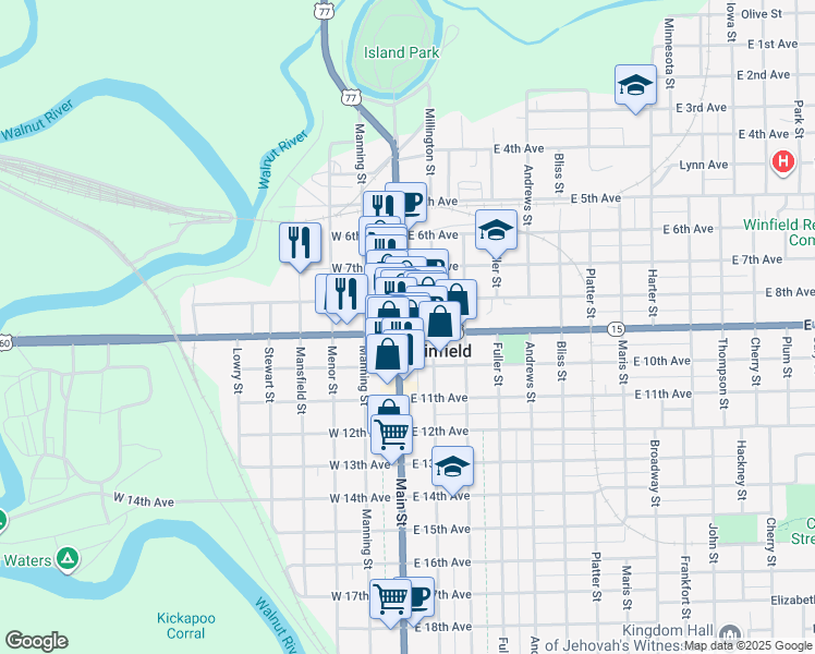 map of restaurants, bars, coffee shops, grocery stores, and more near 820 Main Street in Winfield