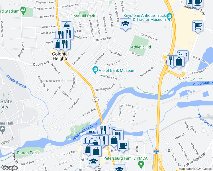 map of restaurants, bars, coffee shops, grocery stores, and more near 209 Jefferson Avenue in Colonial Heights