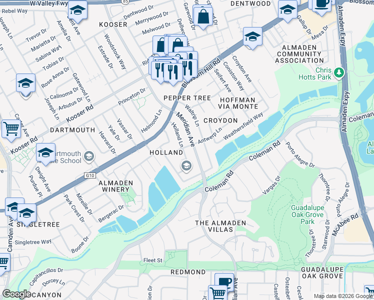 map of restaurants, bars, coffee shops, grocery stores, and more near 5702 Holland Lane in San Jose