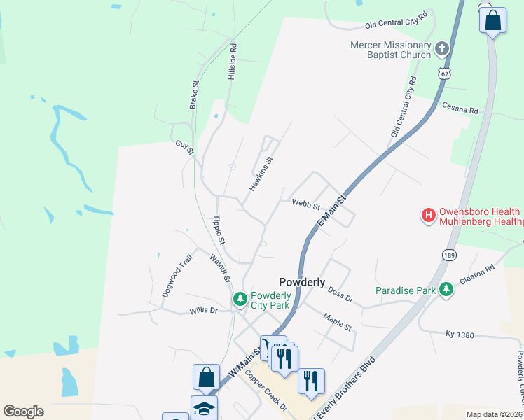 map of restaurants, bars, coffee shops, grocery stores, and more near 600-698 Hillside Road in Powderly