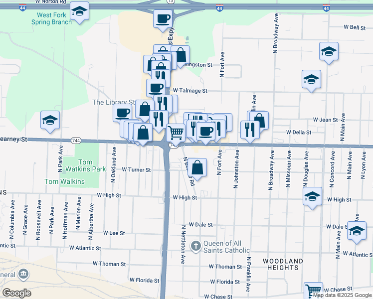 map of restaurants, bars, coffee shops, grocery stores, and more near 1440 West Kearney Street in Springfield