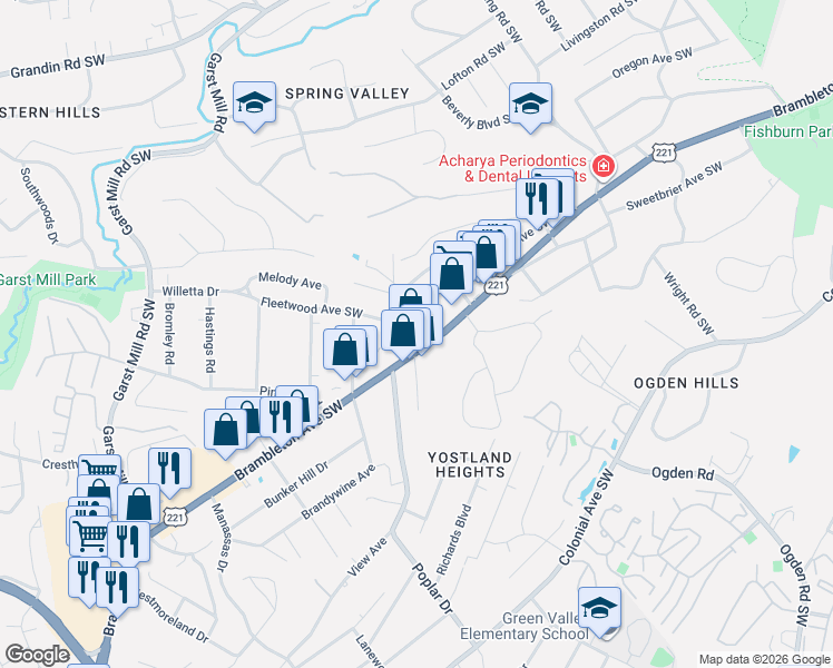 map of restaurants, bars, coffee shops, grocery stores, and more near 3210 Harris Street Southwest in Roanoke