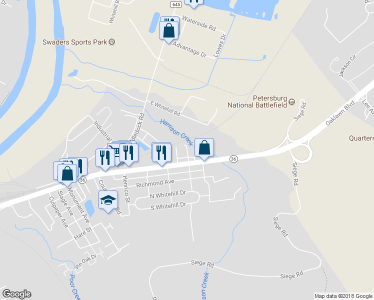 map of restaurants, bars, coffee shops, grocery stores, and more near 220 Mecklenburg Street in Petersburg