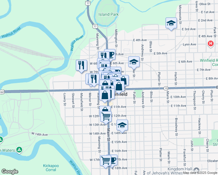 map of restaurants, bars, coffee shops, grocery stores, and more near 820 Main Street in Winfield