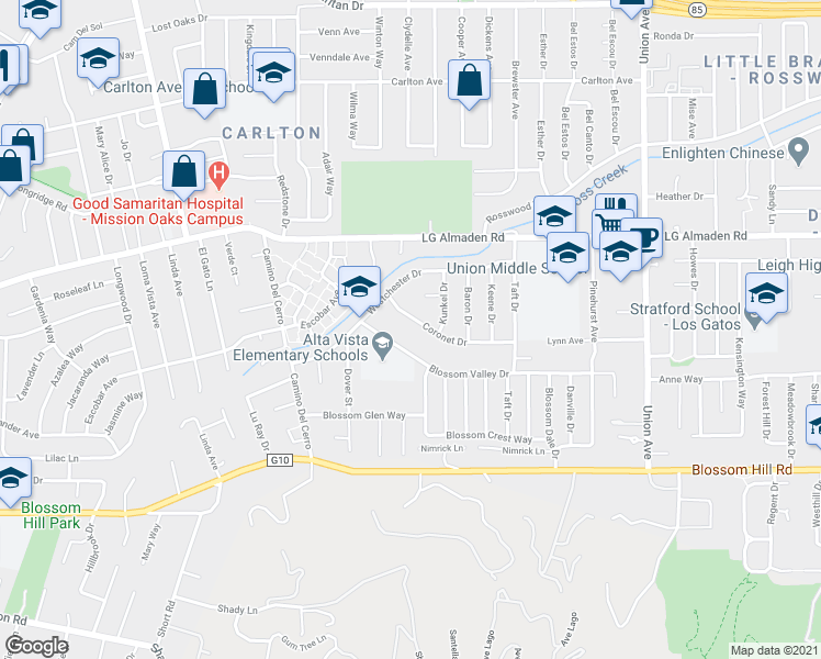 map of restaurants, bars, coffee shops, grocery stores, and more near 279 Blossom Valley Drive in Los Gatos